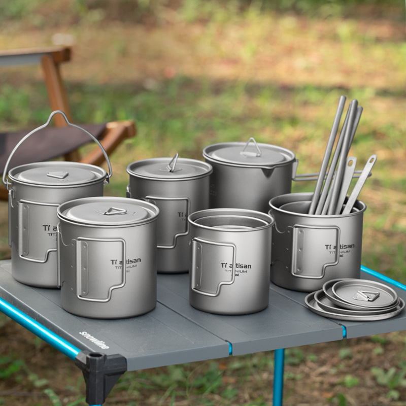 Camping Cooking Set Stainless Steel - Tiartisan 야외 티타늄 경량 휴대용 차