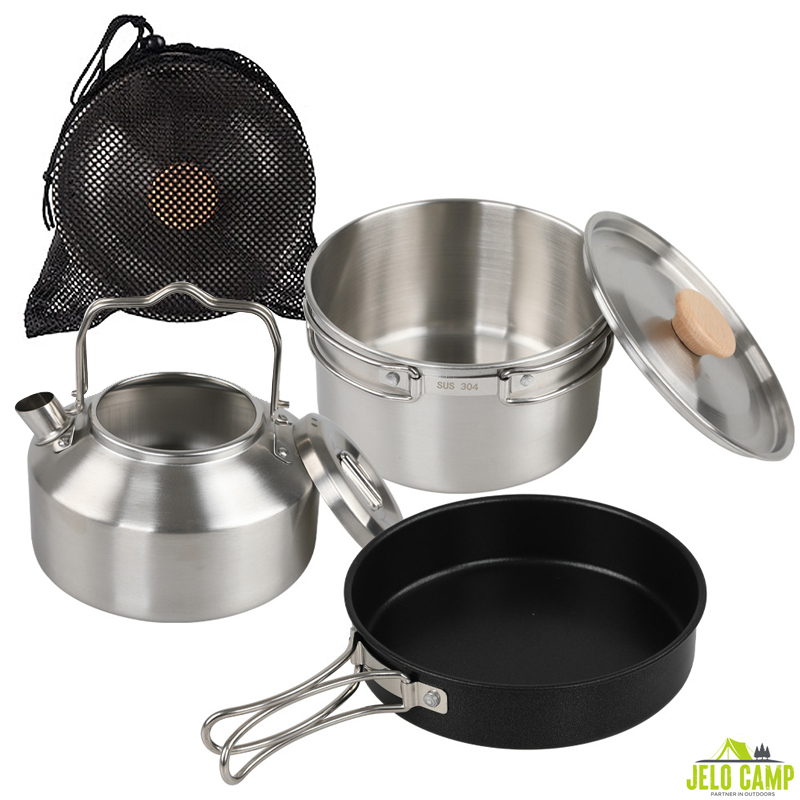 Camping Cooking Set With Kettle - 고급 304 스테인리스 스틸 캠핑 조리기구