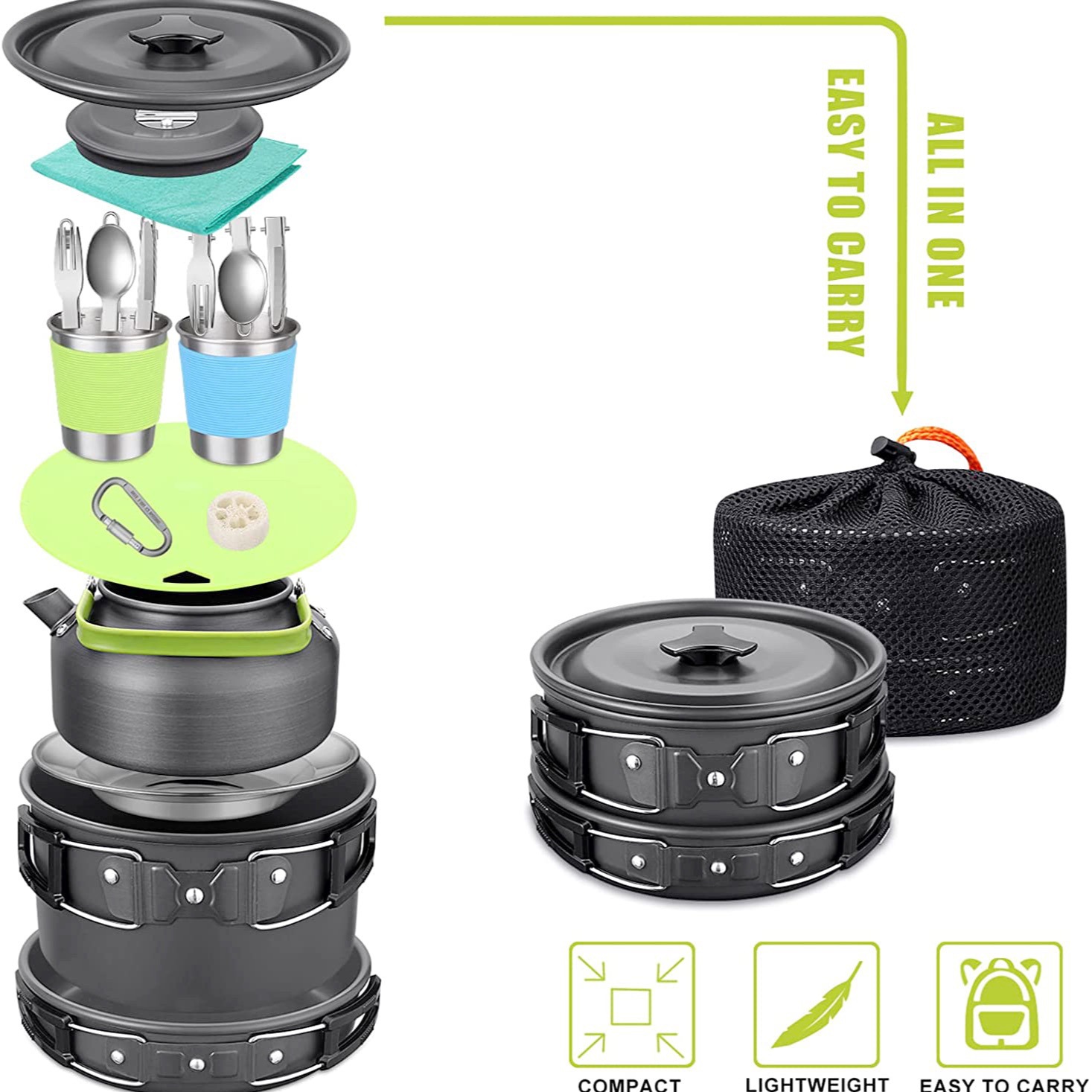 야외 캠핑 조리 세트(주전자 포함), 304 스테인리스 - Camping Cooking Set With Kettle 리뷰 및 가격