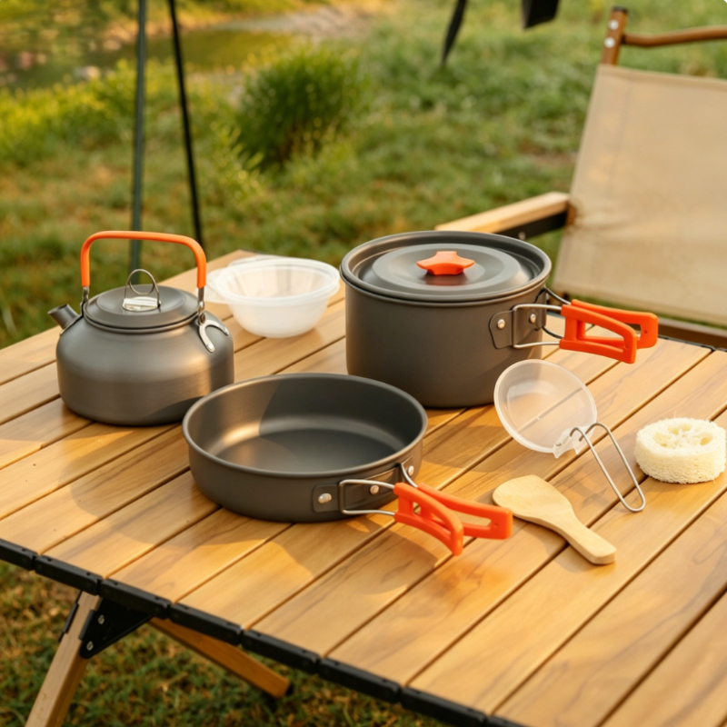 야외용 알루미늄 합금 캠핑 세트, 3종 휴대용 접이식  - Camping Cooking Set With Kettle 리뷰 및 가격