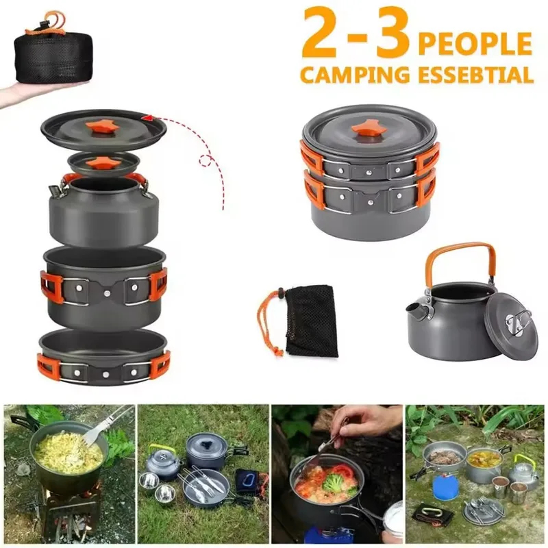야외용 알루미늄 합금 캠핑 세트, 3종 휴대용 접이식  - Camping Cooking Set With Kettle 리뷰 및 가격