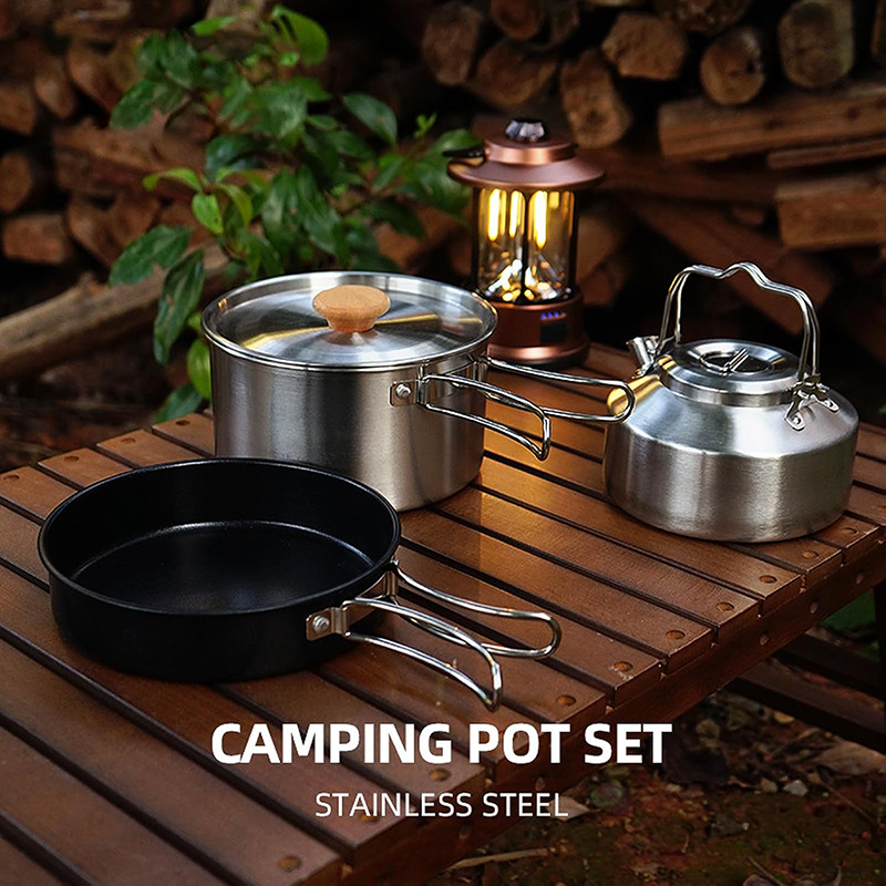 고급 304 스테인리스 스틸 캠핑 조리기구 세트 & 아 - Camping Cooking Set With Kettle 리뷰 및 가격
